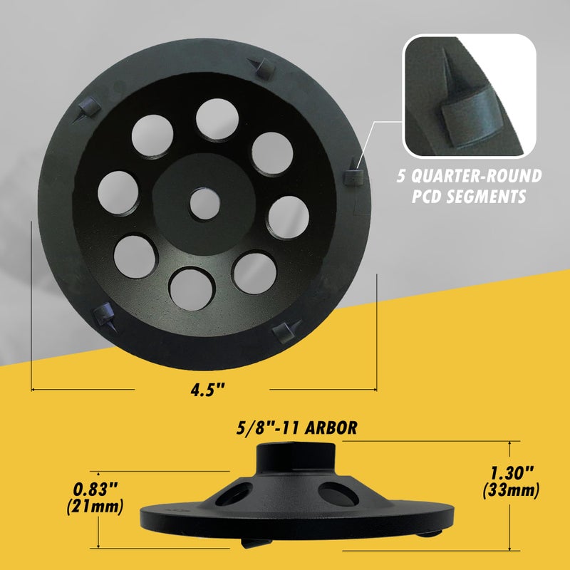 EDiamondTools 4.5" PCD Grinding Wheel for Epoxy, Glue, Mastic and Paint, 5 PCD Segments, 5/8"-11 Threaded Arbor - Image 4